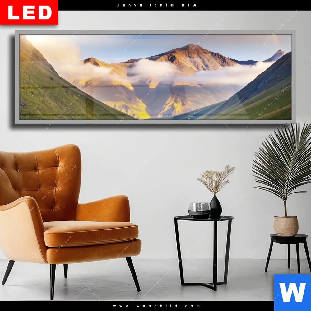 Wechselmotiv Acrylglas Canvalight® DIA | Nebel und Regenbogen zwischen den Bergen | Panorama