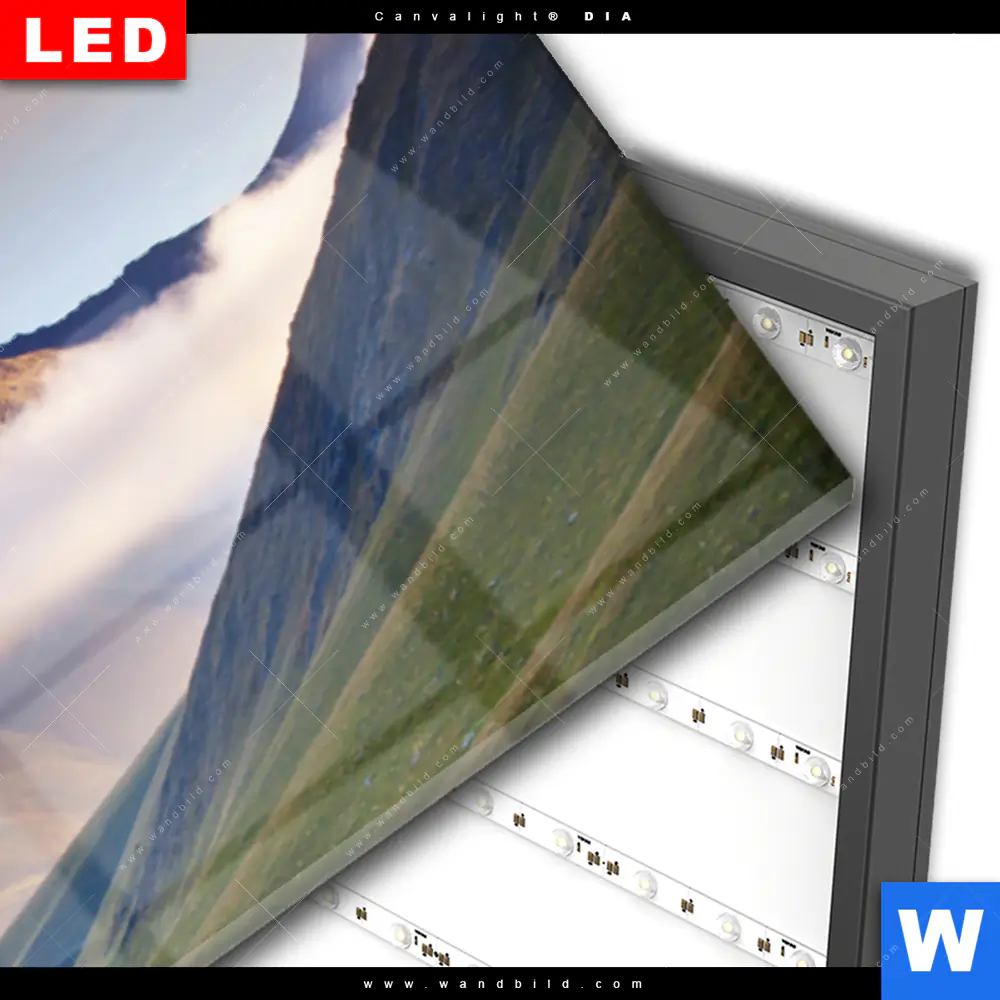 Wechselmotiv Acrylglas Canvalight® DIA | Nebel und Regenbogen zwischen den Bergen | Panorama - Image 3