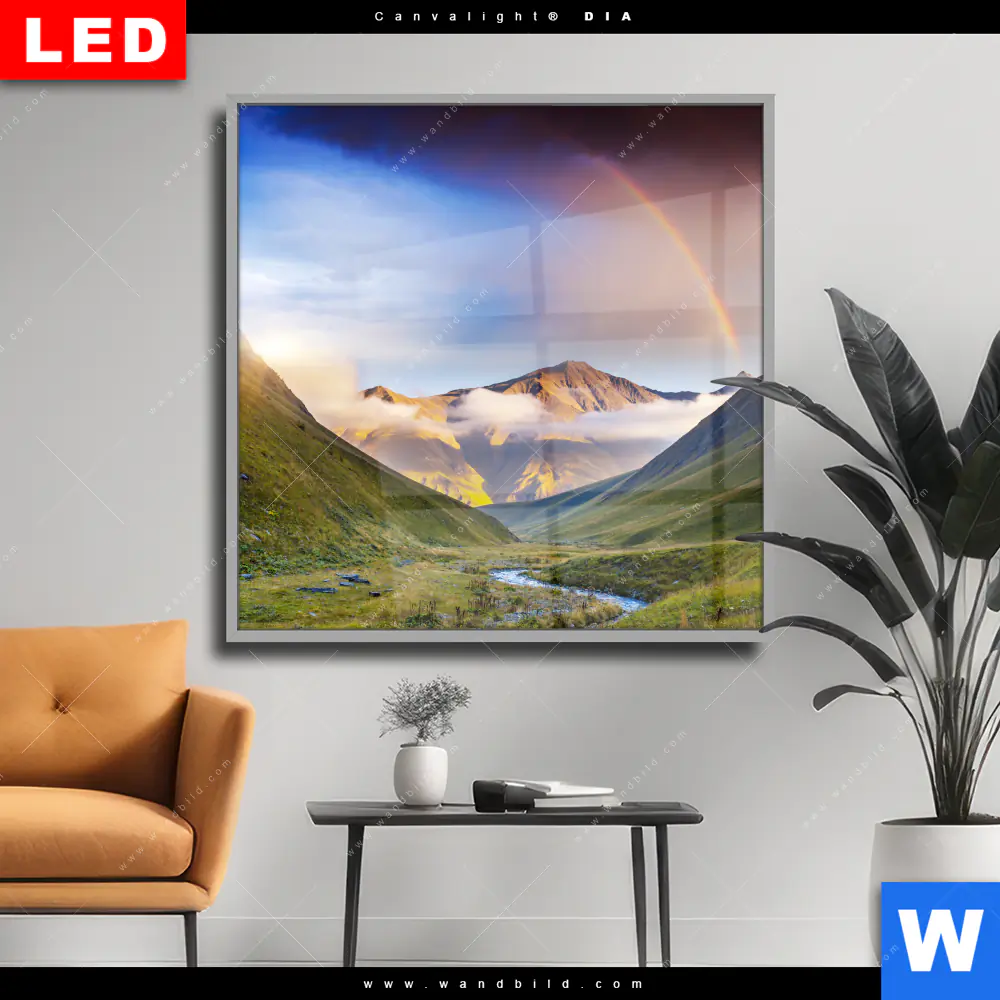 Wechselmotiv Acrylglas Canvalight® DIA | Nebel und Regenbogen zwischen den Bergen | Quadrat