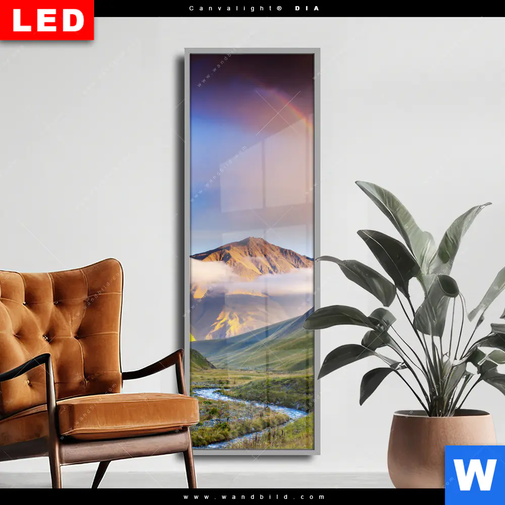 Wechselmotiv Acrylglas Canvalight® DIA | Nebel und Regenbogen zwischen den Bergen | Schmal