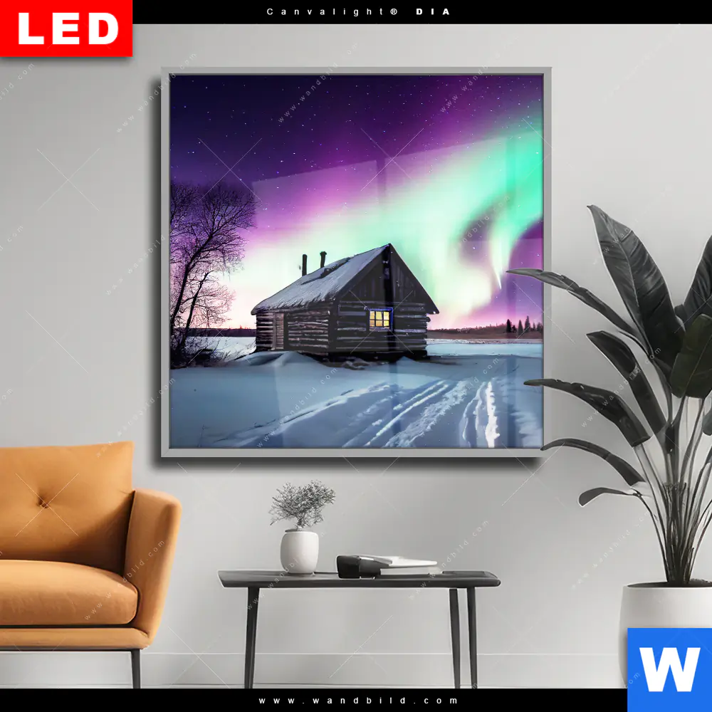 Wechselmotiv Acrylglas Canvalight® DIA | Nordlichter über einem Holzhaus | Quadrat