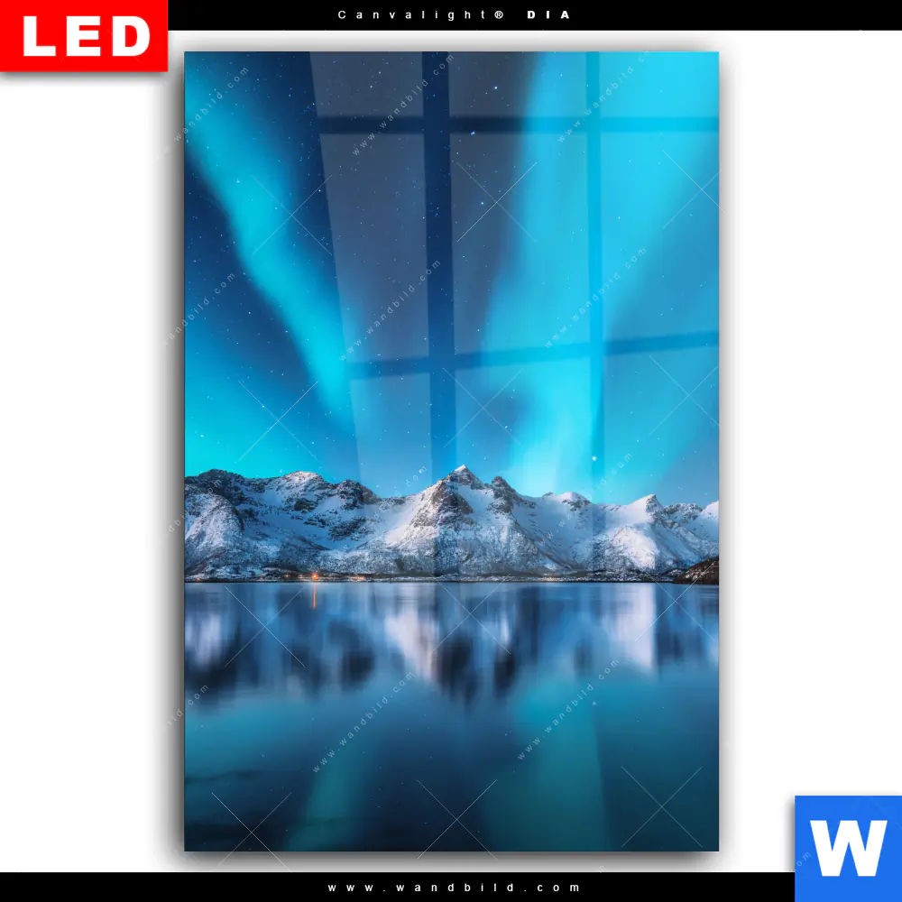 Wechselmotiv Acrylglas Canvalight® DIA | Nordlichter und schneebedeckte Berge | Hochformat - Image 2