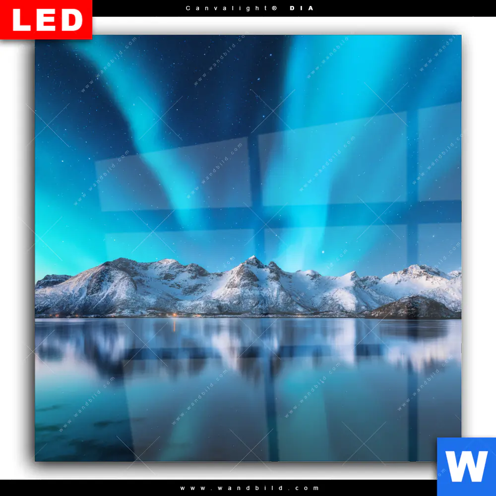 Wechselmotiv Acrylglas Canvalight® DIA | Nordlichter und schneebedeckte Berge | Quadrat - Image 2