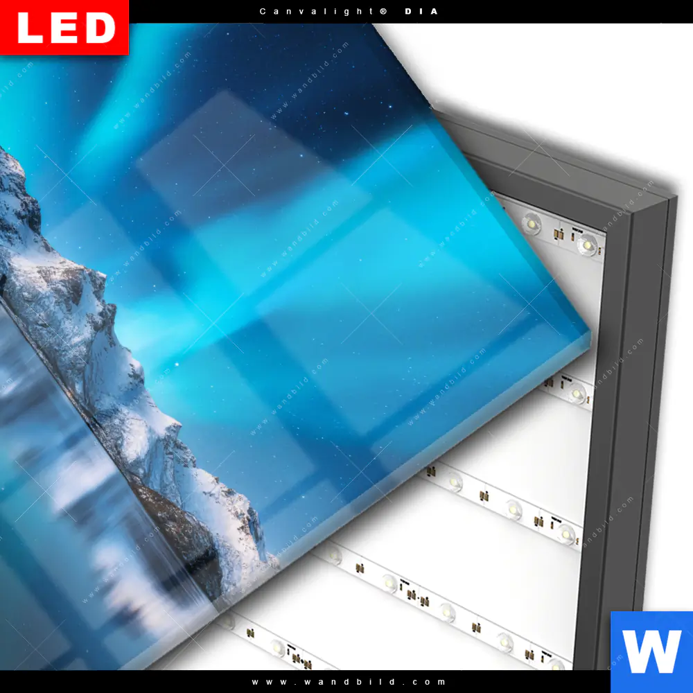 Wechselmotiv Acrylglas Canvalight® DIA | Nordlichter und schneebedeckte Berge | Quadrat - Image 3