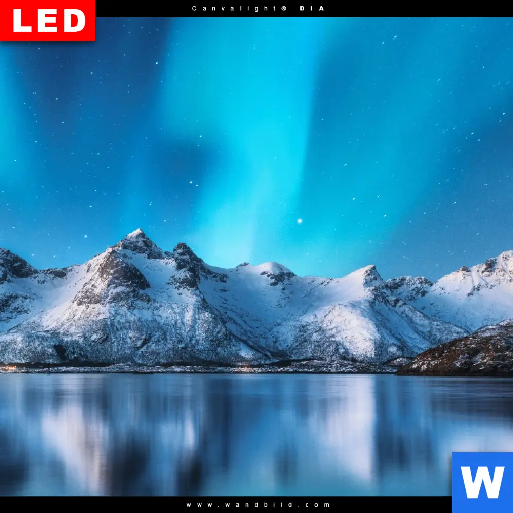 Wechselmotiv Acrylglas Canvalight® DIA | Nordlichter und schneebedeckte Berge | Quadrat - Image 4