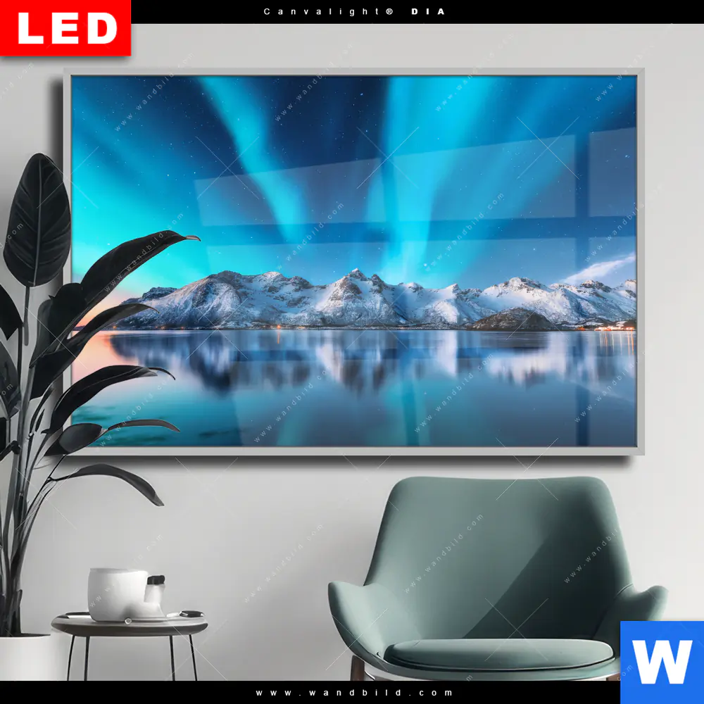 Wechselmotiv Acrylglas Canvalight® DIA | Nordlichter und schneebedeckte Berge | Querformat