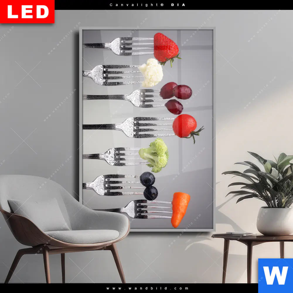 Wechselmotiv Acrylglas Canvalight® DIA | Obst & Gemüse auf Gabeln | Hochformat
