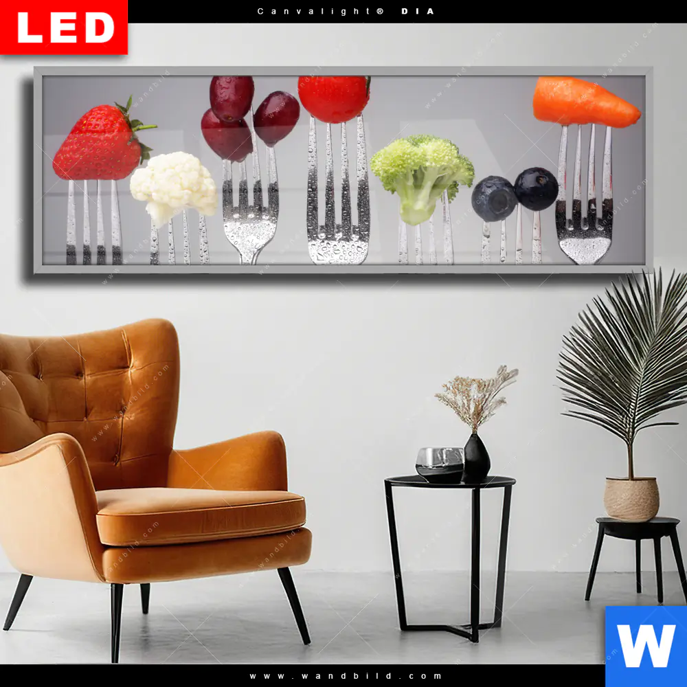 Wechselmotiv Acrylglas Canvalight® DIA | Obst & Gemüse auf Gabeln | Panorama