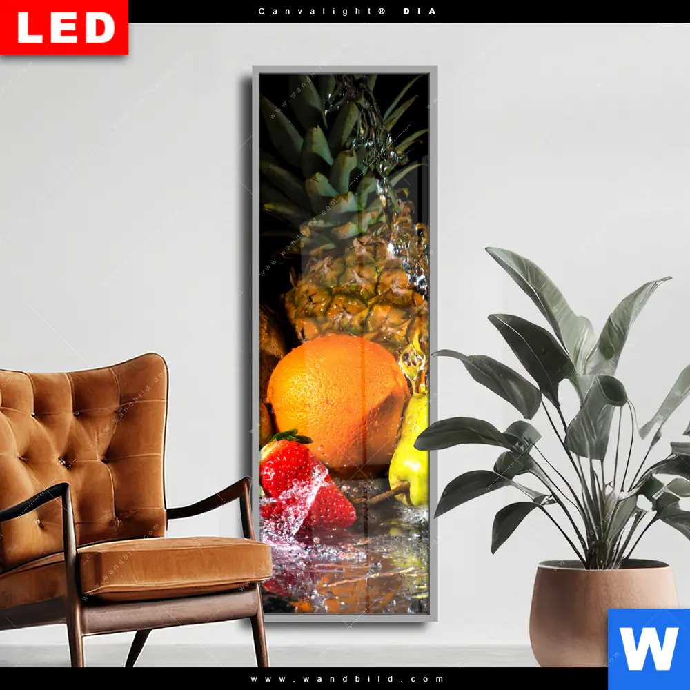 Wechselmotiv Acrylglas Canvalight® DIA | Obst-in spritzendem Wasser | Schmal