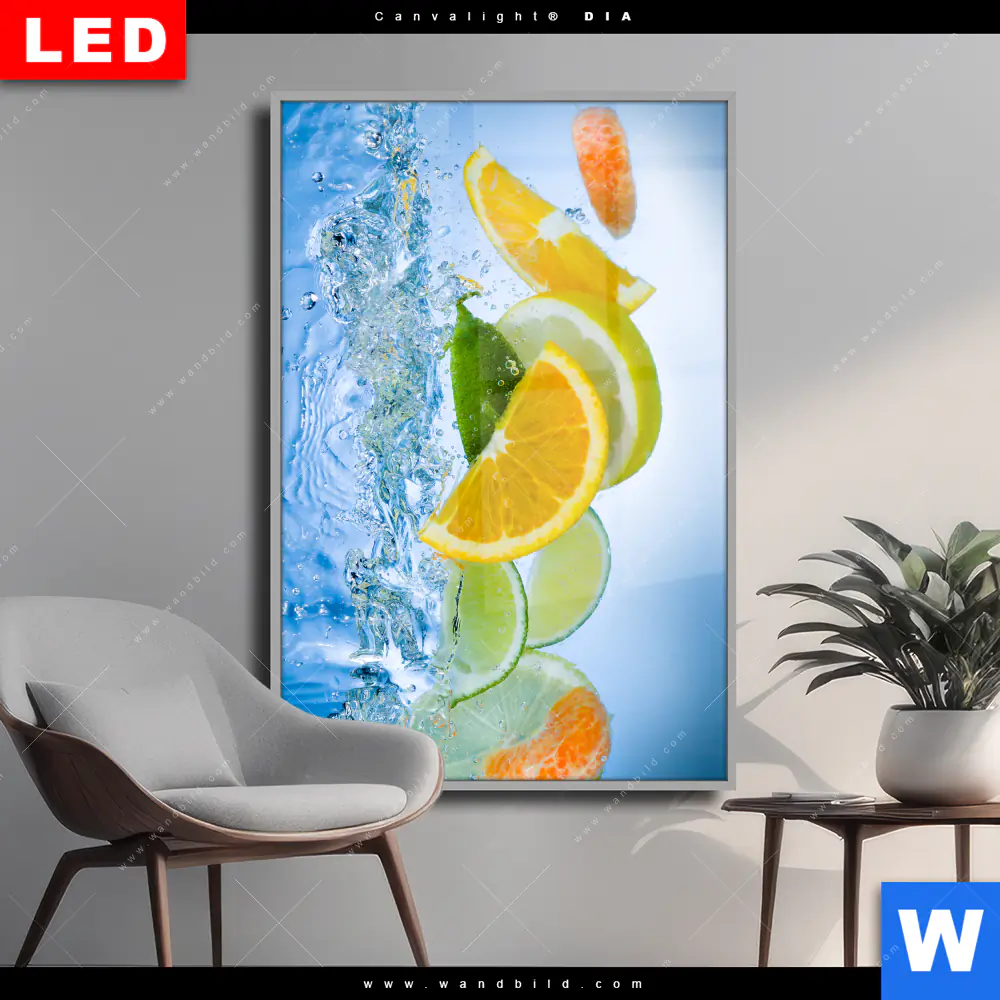 Wechselmotiv Acrylglas Canvalight® DIA | Obst unter Wasser | Hochformat