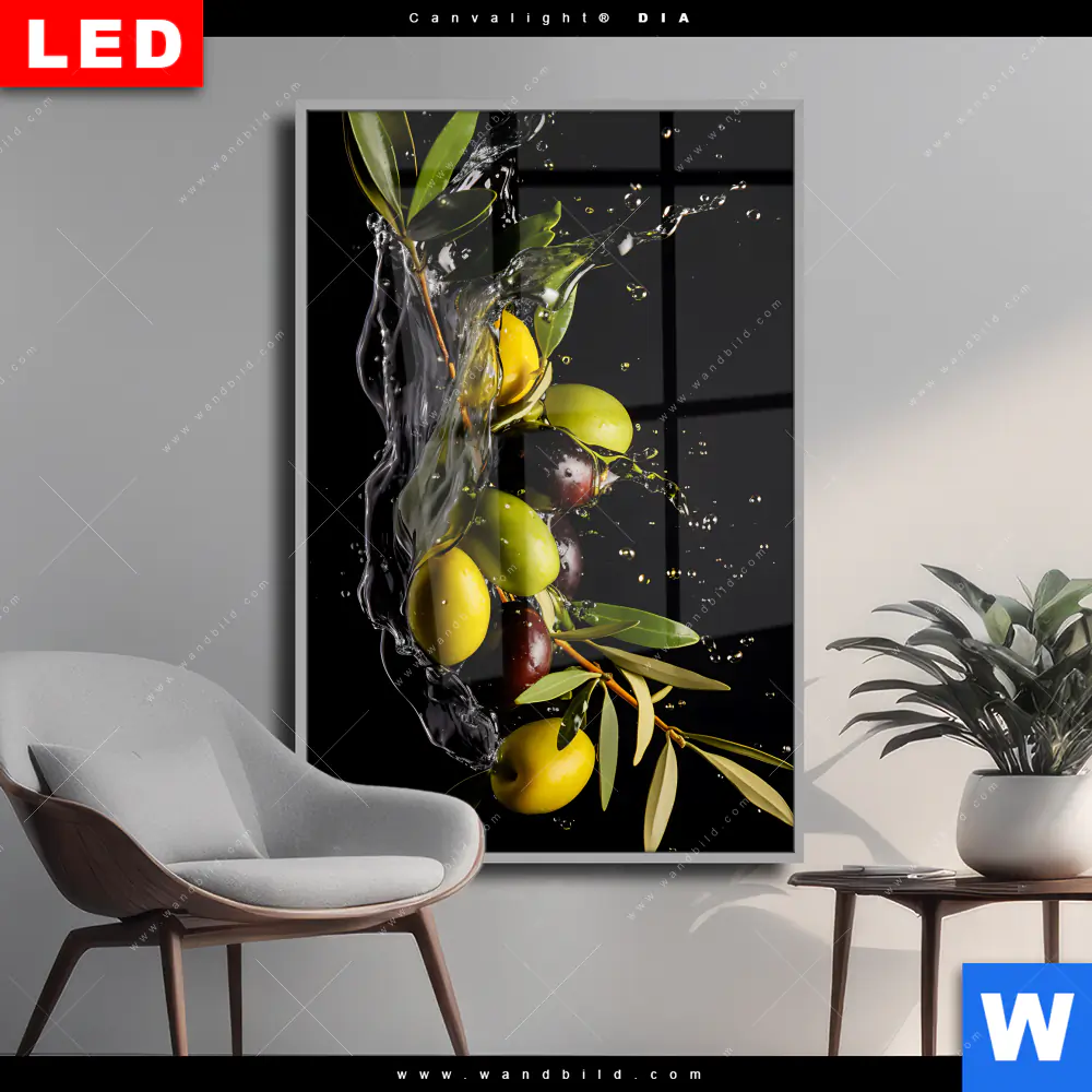 Wechselmotiv Acrylglas Canvalight® DIA | Oliven Splash | Hochformat