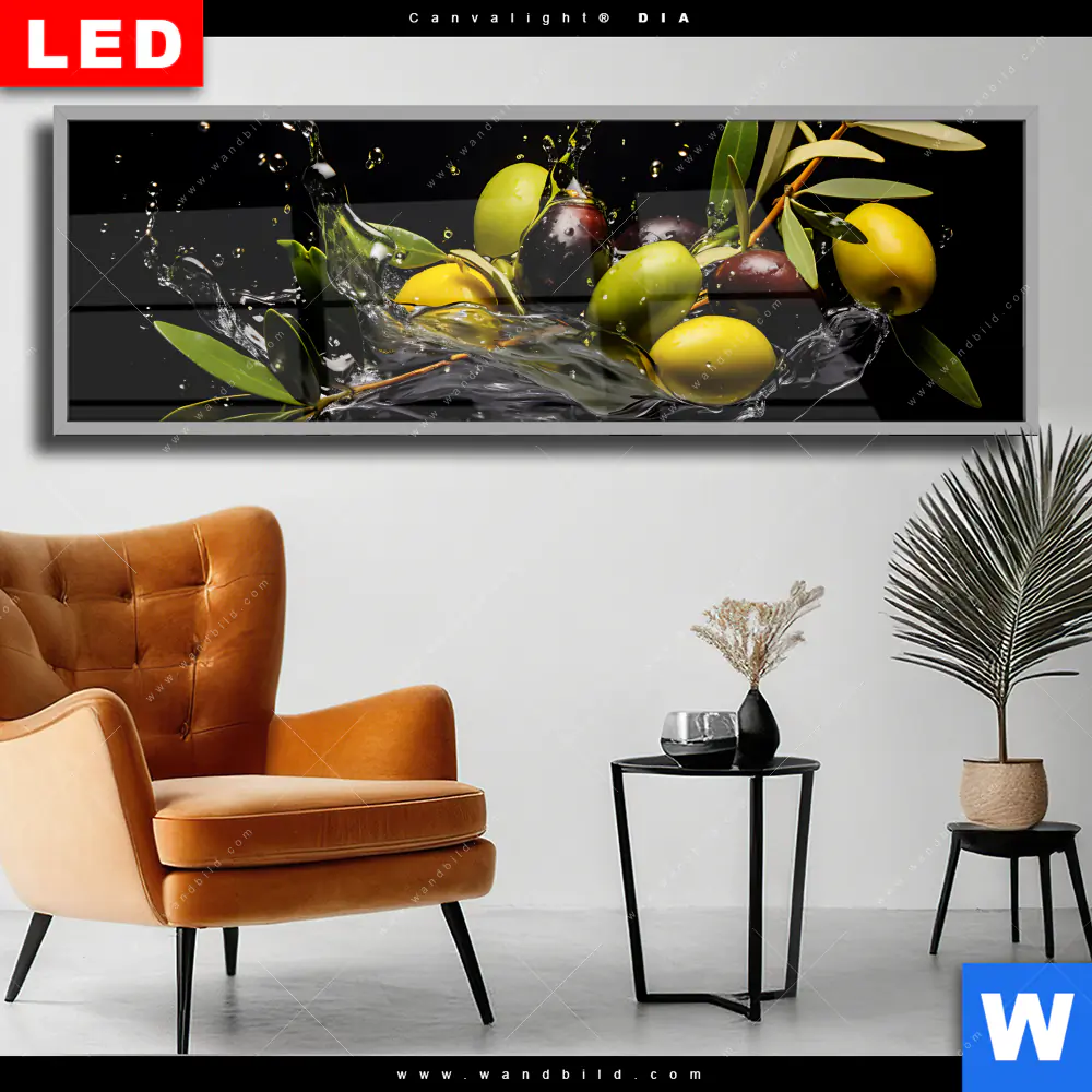 Wechselmotiv Acrylglas Canvalight® DIA | Oliven Splash | Panorama