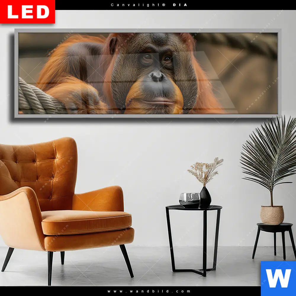 Wechselmotiv Acrylglas Canvalight® DIA | Orang-Utan mit sanftem Blick | Panorama