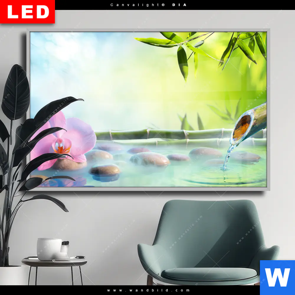 Wechselmotiv Acrylglas Canvalight® DIA | Orchidee im japanischer Brunnen | Querformat