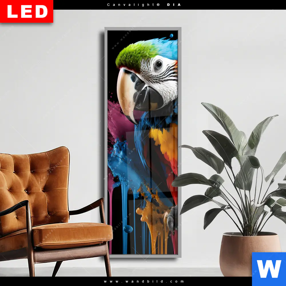 Wechselmotiv Acrylglas Canvalight® DIA | Papagei mit bunten Farbspritzern | Schmal