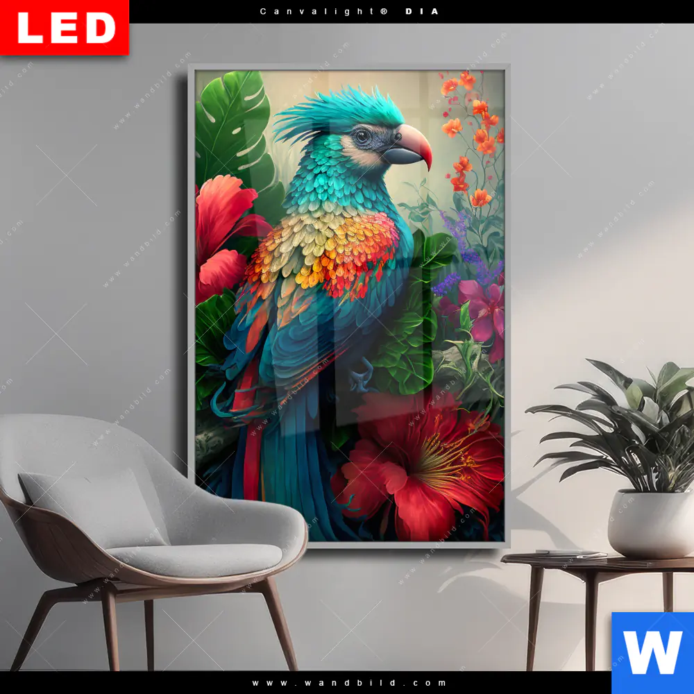 Wechselmotiv Acrylglas Canvalight® DIA | Papagei und tropischer Hibiskus | Hochformat