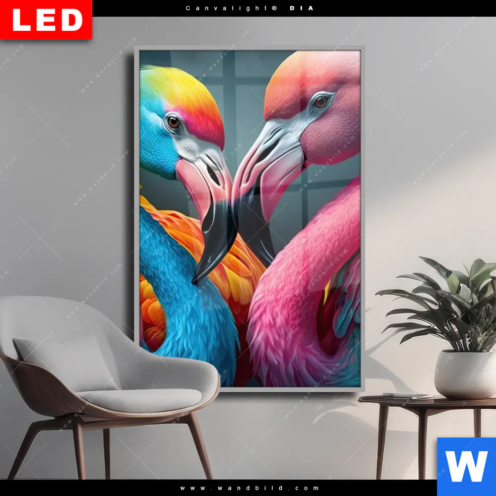 Wechselmotiv Acrylglas Canvalight® DIA | Romantische Flamingos | Hochformat