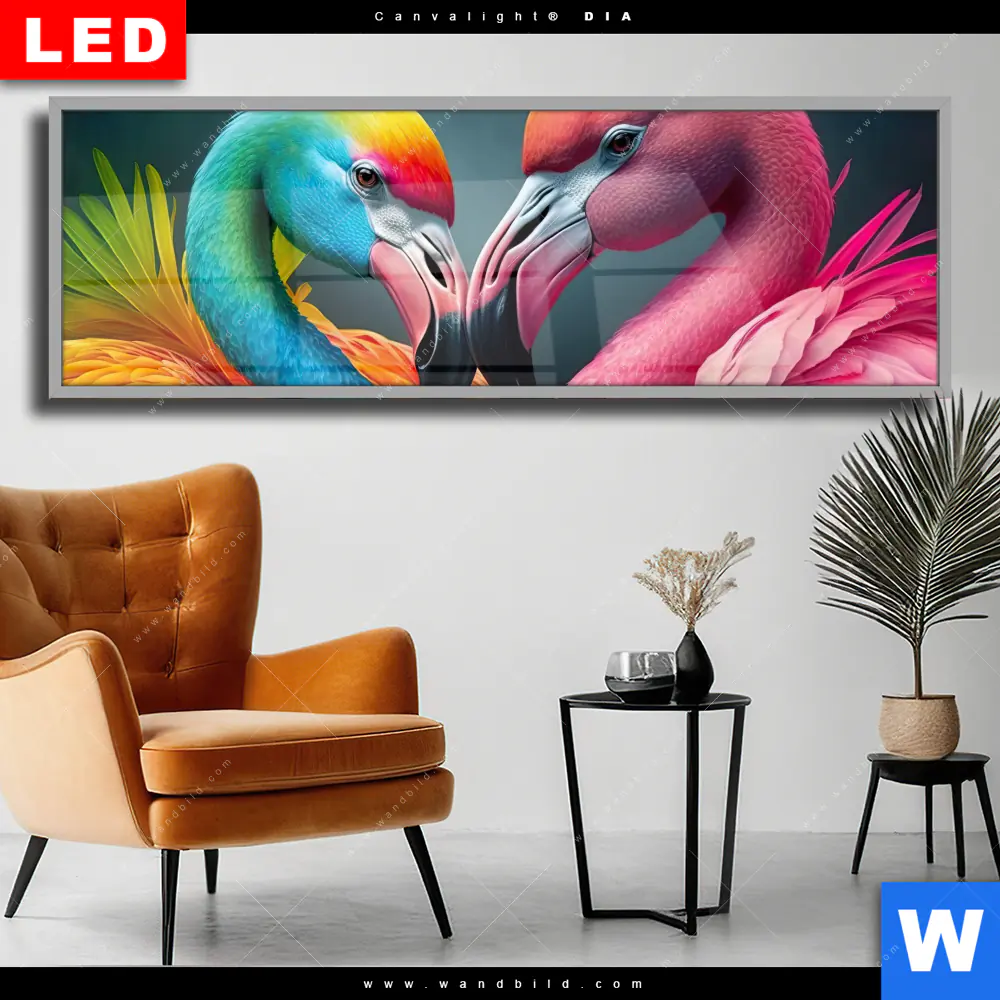 Wechselmotiv Acrylglas Canvalight® DIA | Romantische Flamingos | Panorama