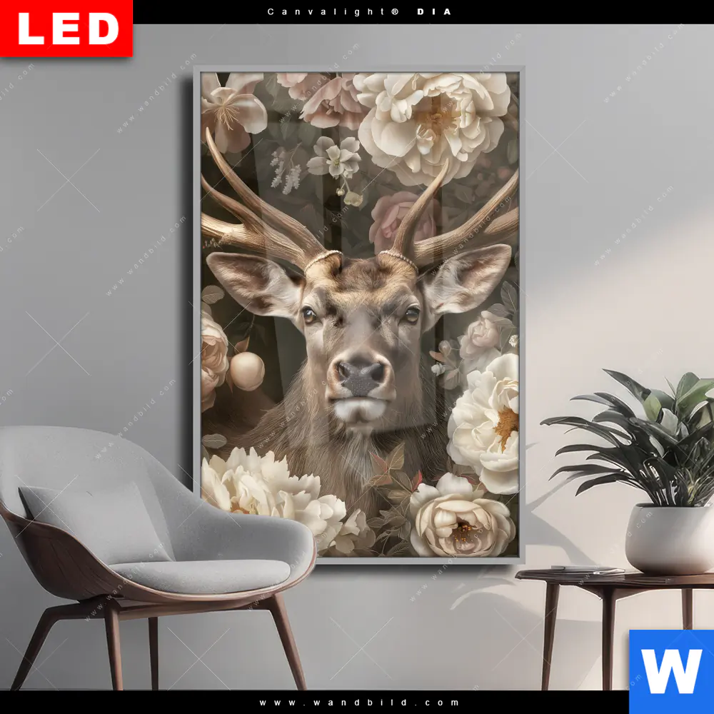 Wechselmotiv Acrylglas Canvalight® DIA | Romantischer Hirsch mit Blumen | Hochformat