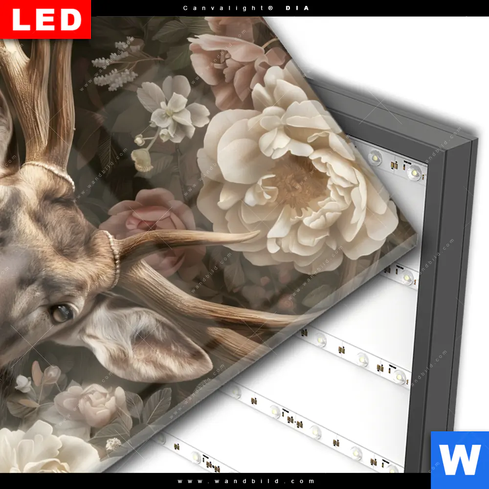 Wechselmotiv Acrylglas Canvalight® DIA | Romantischer Hirsch mit Blumen | Hochformat - Image 3