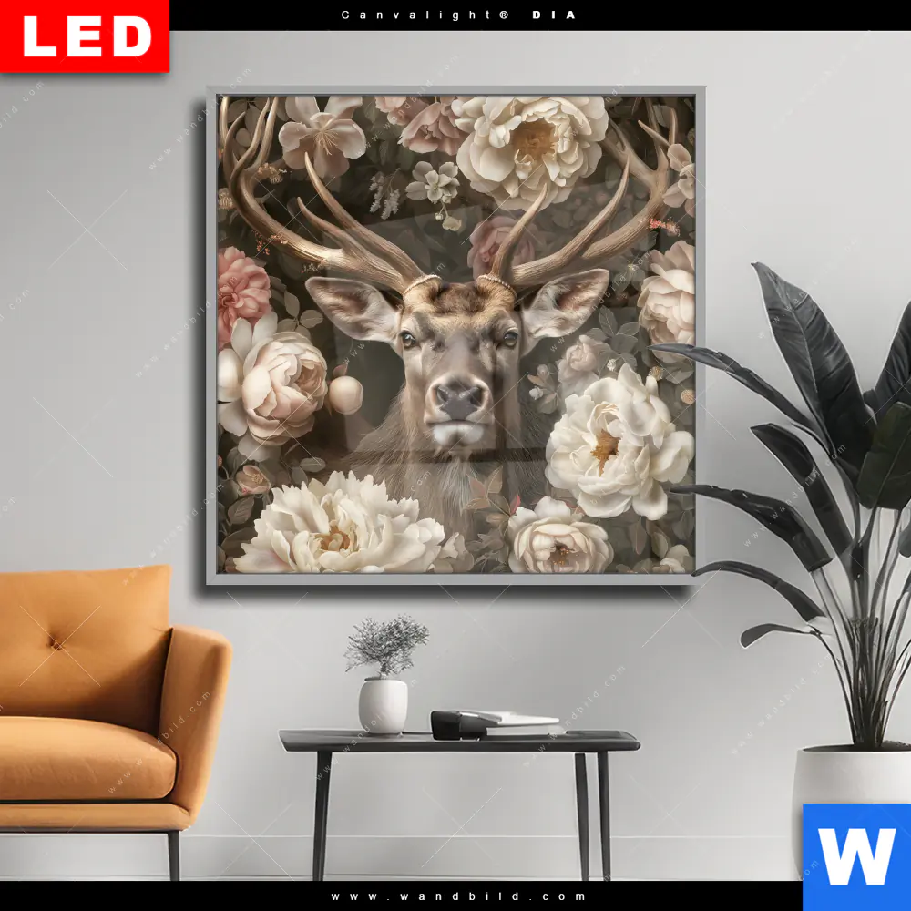 Wechselmotiv Acrylglas Canvalight® DIA | Romantischer Hirsch mit Blumen | Quadrat