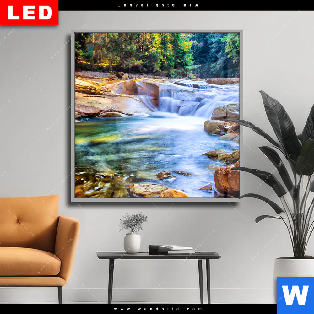 Wechselmotiv Acrylglas Canvalight® DIA | Schöner Wasserfall im Wald | Quadrat