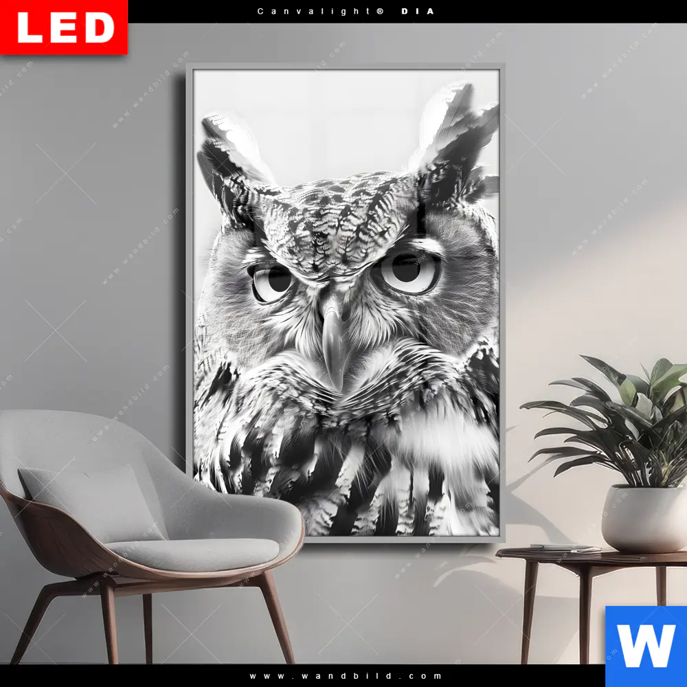 Wechselmotiv Acrylglas Canvalight® DIA | Schwarz-Weiß Eulenportrait | Hochformat