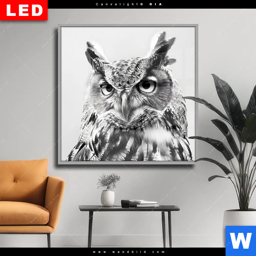 Wechselmotiv Acrylglas Canvalight® DIA | Schwarz-Weiß Eulenportrait | Quadrat