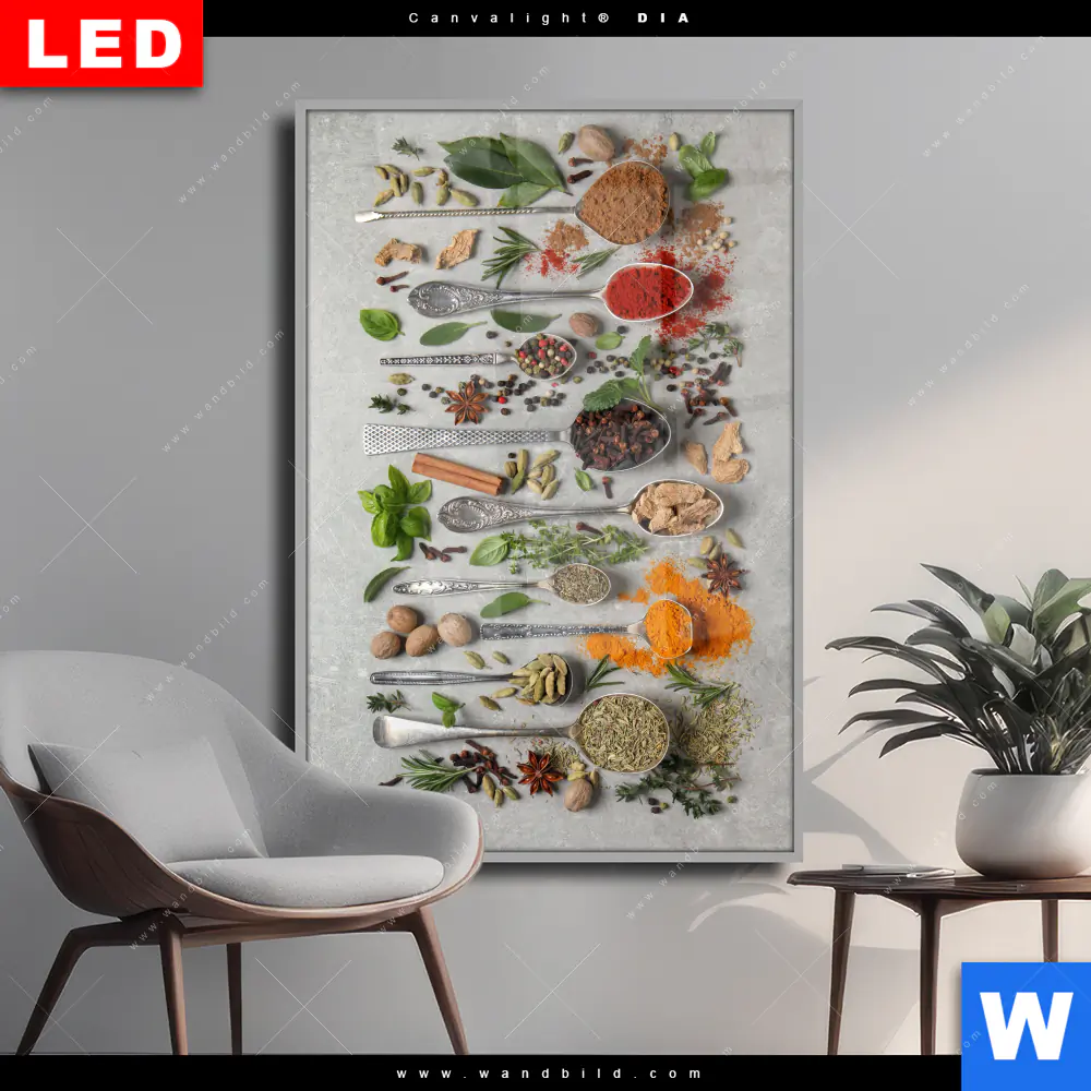 Wechselmotiv Acrylglas Canvalight® DIA | Silberlöffel mit Gewürzen | Hochformat