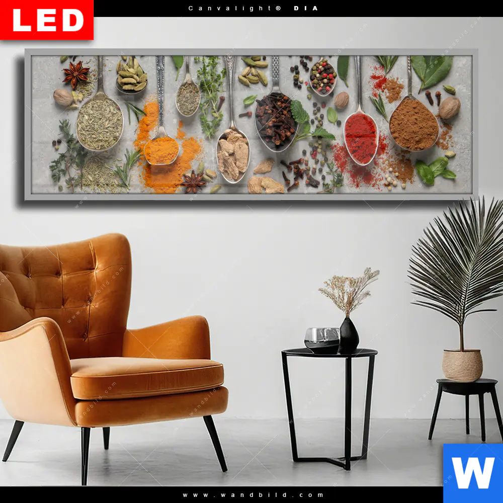 Wechselmotiv Acrylglas Canvalight® DIA | Silberlöffel mit Gewürzen | Panorama