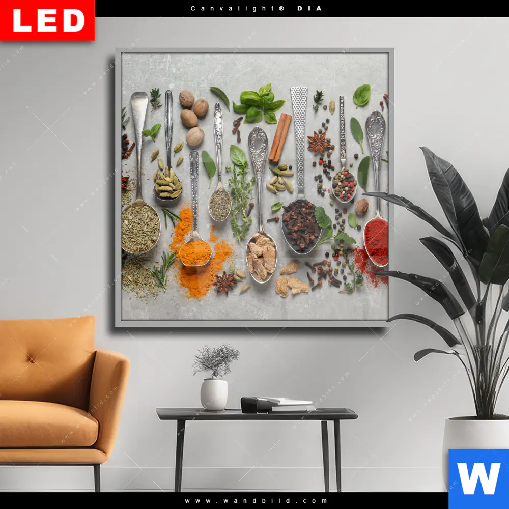 Wechselmotiv Acrylglas Canvalight® DIA | Silberlöffel mit Gewürzen | Quadrat