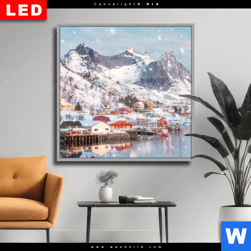 Wechselmotiv Acrylglas Canvalight® DIA | Skandinavisches Dorf im Schnee | Quadrat