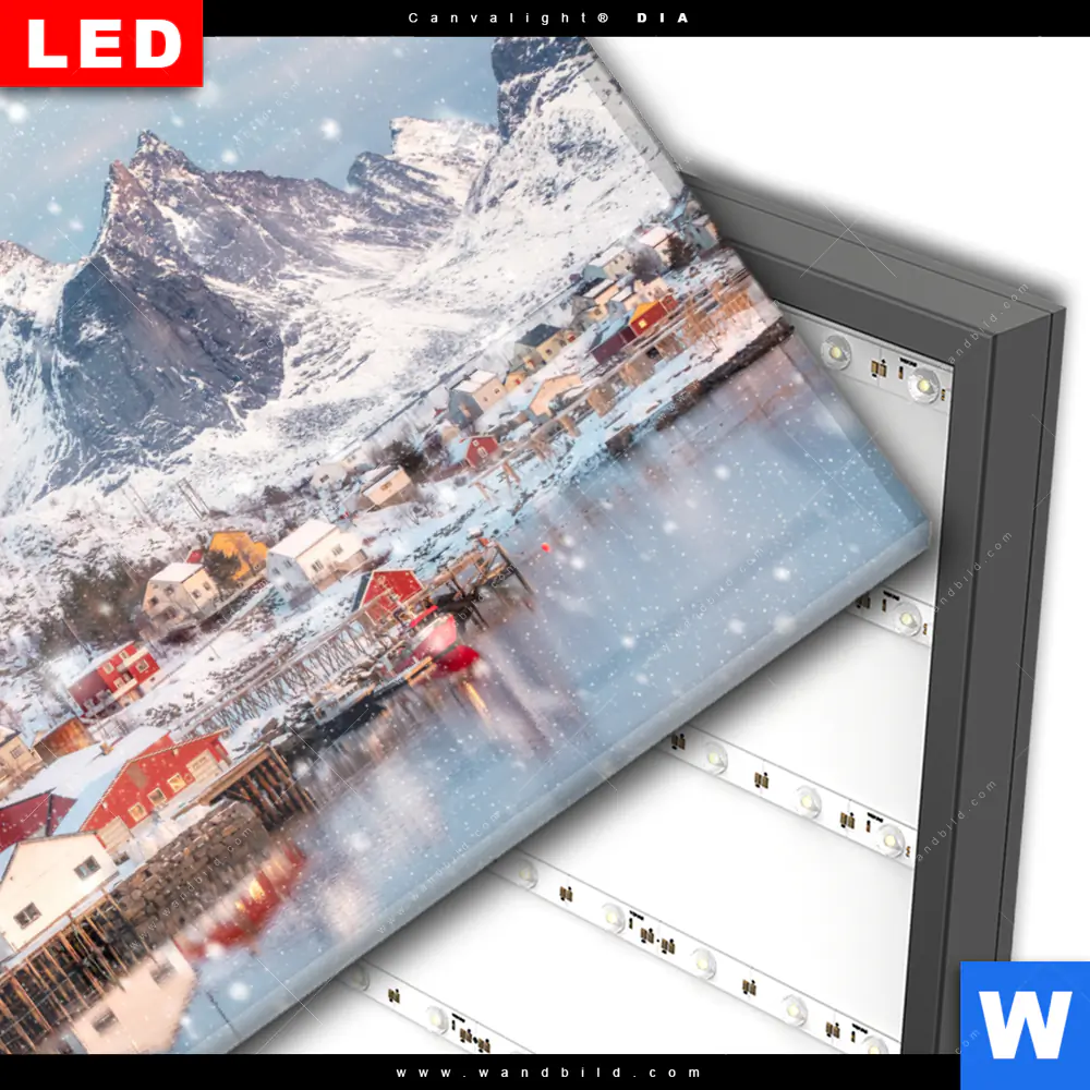 Wechselmotiv Acrylglas Canvalight® DIA | Skandinavisches Dorf im Schnee | Querformat - Image 3