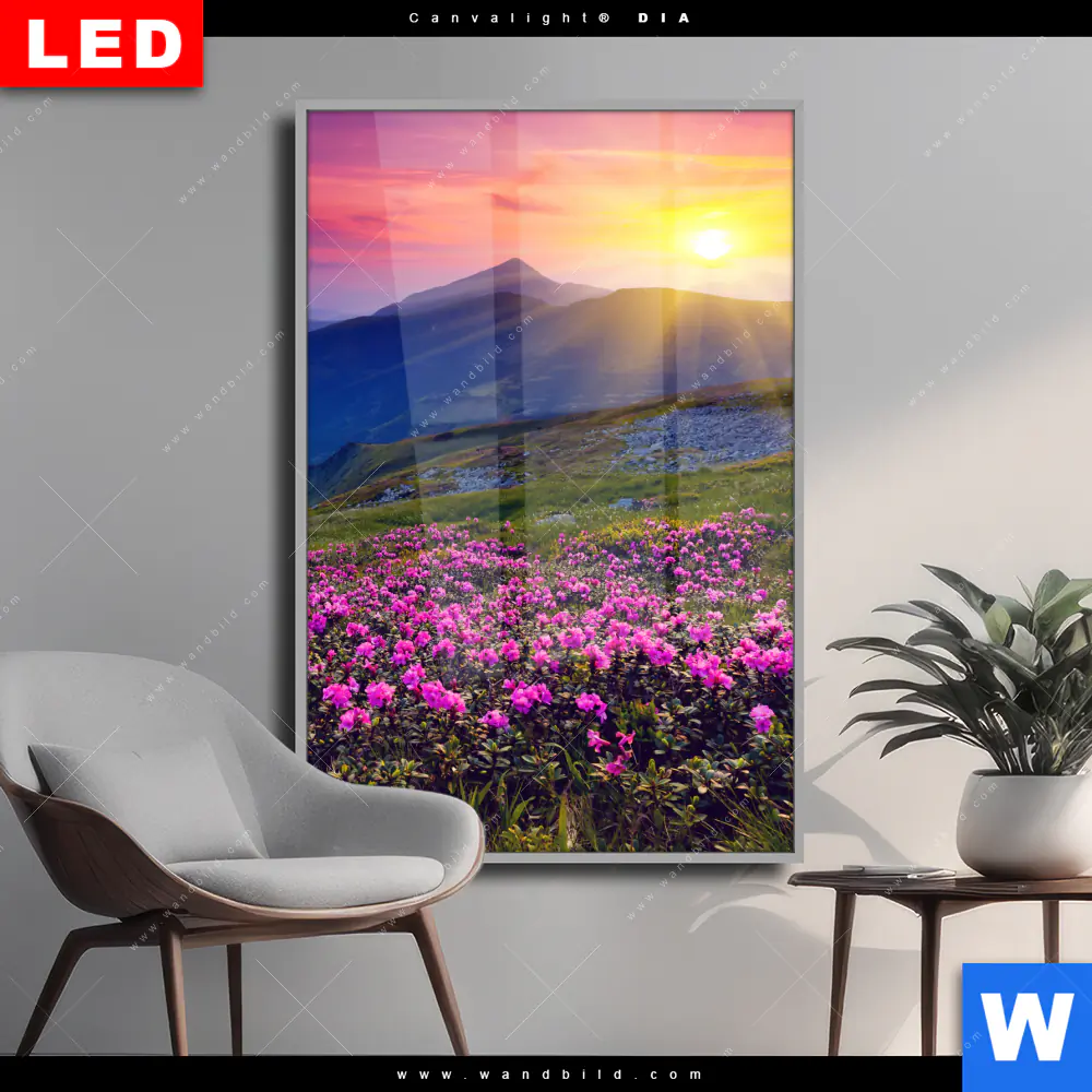 Wechselmotiv Acrylglas Canvalight® DIA | Sommerberg im Sonnenuntergang | Hochformat