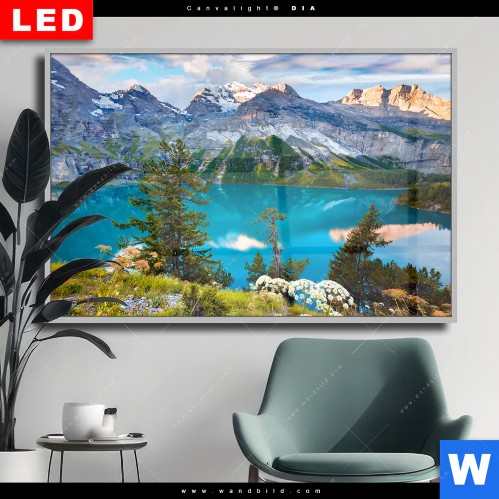 Wechselmotiv Acrylglas Canvalight® DIA | Sommermorgen am Bergsee | Querformat