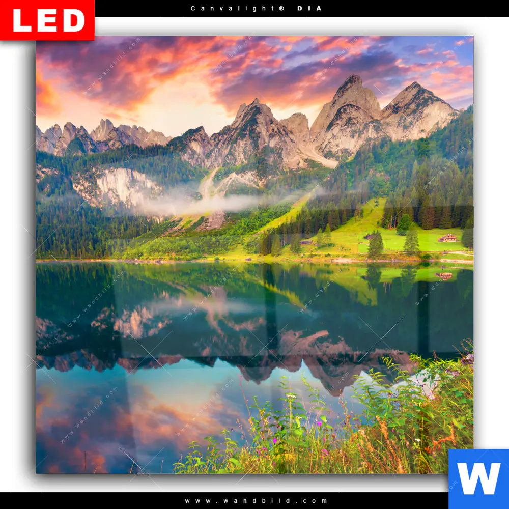 Wechselmotiv Acrylglas Canvalight® DIA | Sonnenaufgang am Bergsee | Quadrat - Image 2