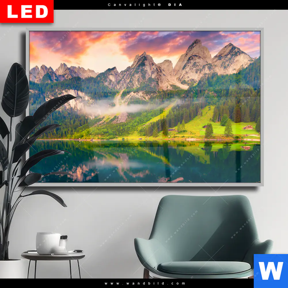 Wechselmotiv Acrylglas Canvalight® DIA | Sonnenaufgang am Bergsee | Querformat