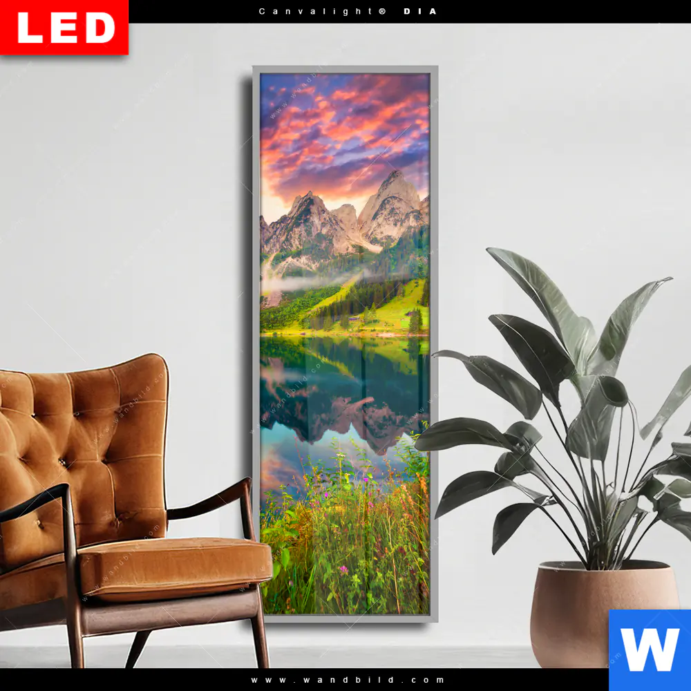 Wechselmotiv Acrylglas Canvalight® DIA | Sonnenaufgang am Bergsee | Schmal