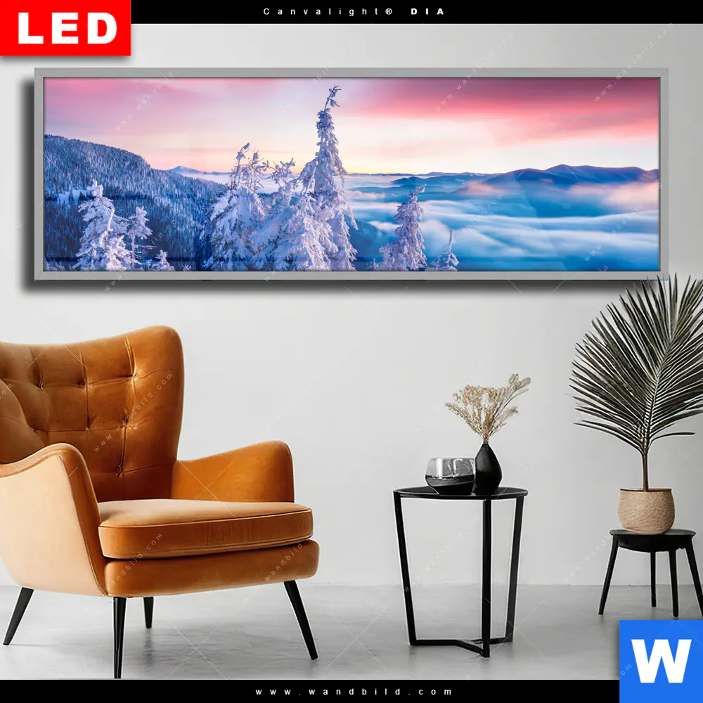Wechselmotiv Acrylglas Canvalight® DIA | Sonnenaufgang im Schnee | Panorama