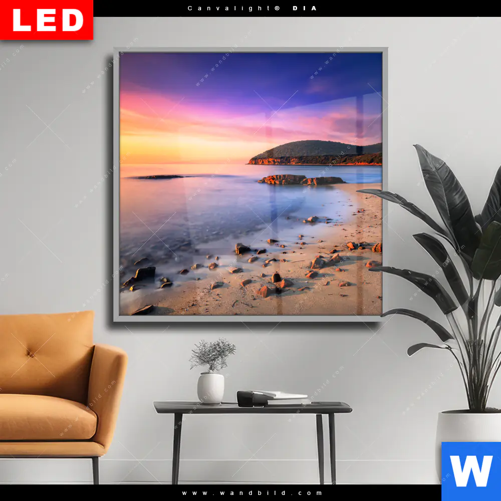 Wechselmotiv Acrylglas Canvalight® DIA | Sonnenuntergang in Bucht | Quadrat