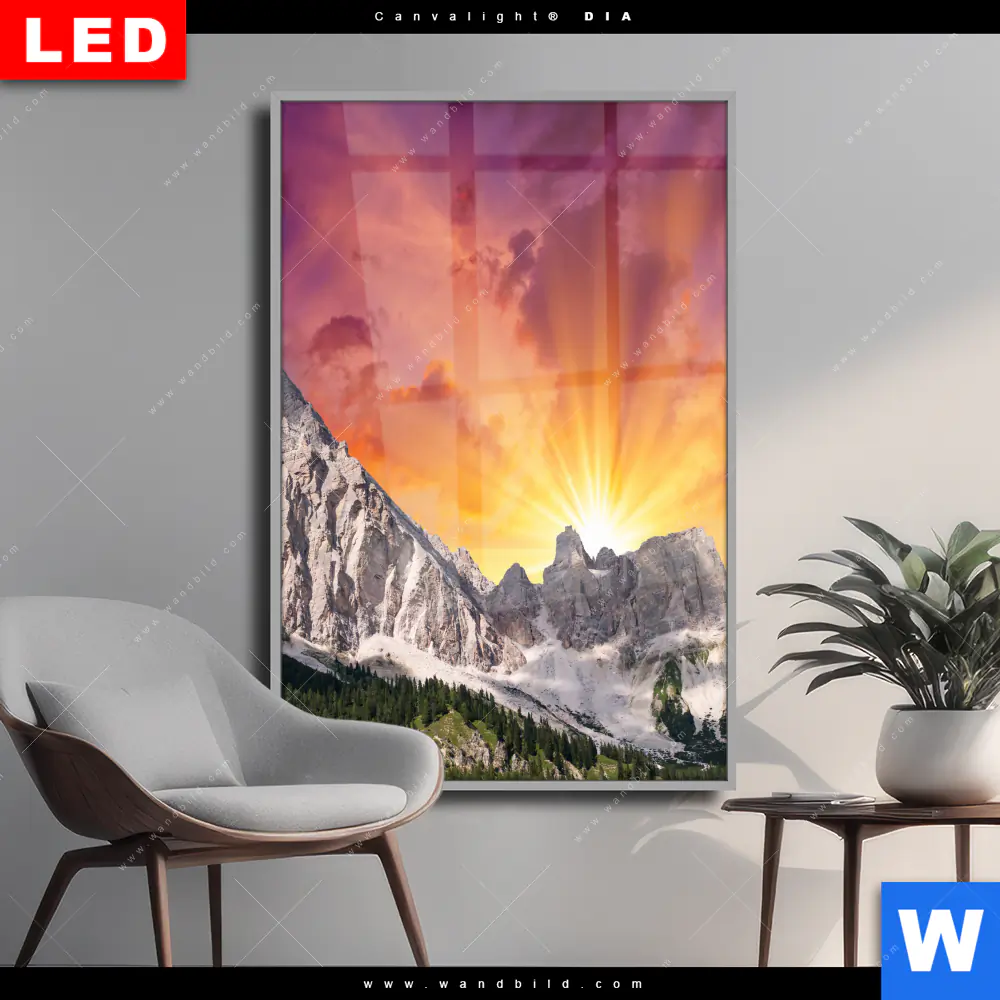 Wechselmotiv Acrylglas Canvalight® DIA | Sonnenuntergang in den Bergen | Hochformat