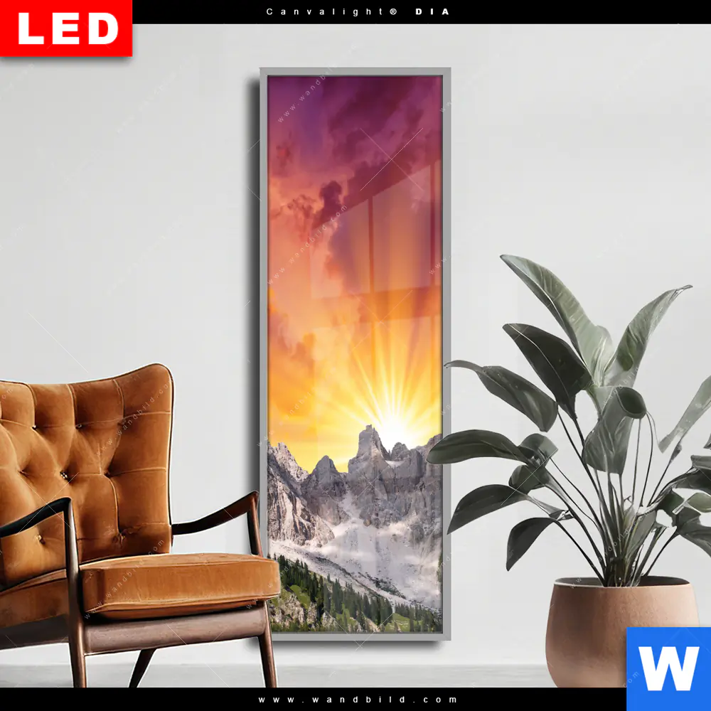 Wechselmotiv Acrylglas Canvalight® DIA | Sonnenuntergang in den Bergen | Schmal