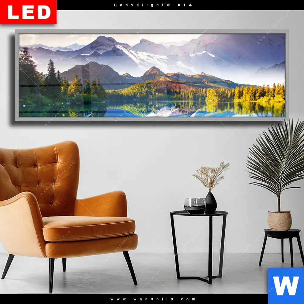 Wechselmotiv Acrylglas Canvalight® DIA | Sonniger Tag am Bergsee | Panorama
