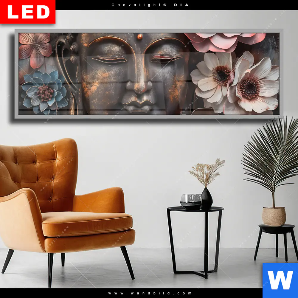 Wechselmotiv Acrylglas Canvalight® DIA | Spiritueller Buddha und Blumen | Panorama