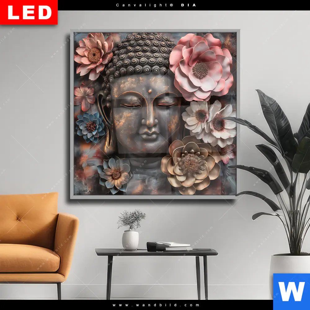Wechselmotiv Acrylglas Canvalight® DIA | Spiritueller Buddha und Blumen | Quadrat