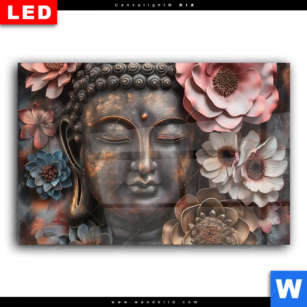 Wechselmotiv Acrylglas Canvalight® DIA | Spiritueller Buddha und Blumen | Querformat - Image 2