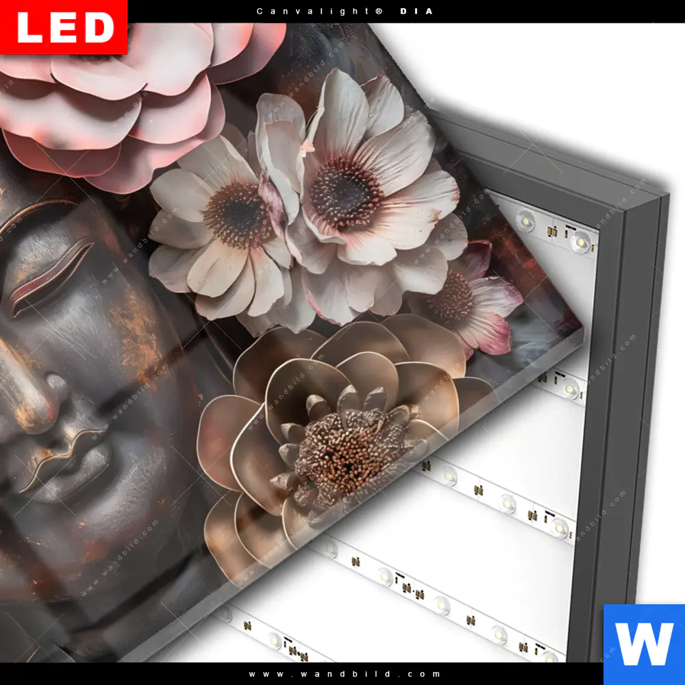 Wechselmotiv Acrylglas Canvalight® DIA | Spiritueller Buddha und Blumen | Querformat - Image 3