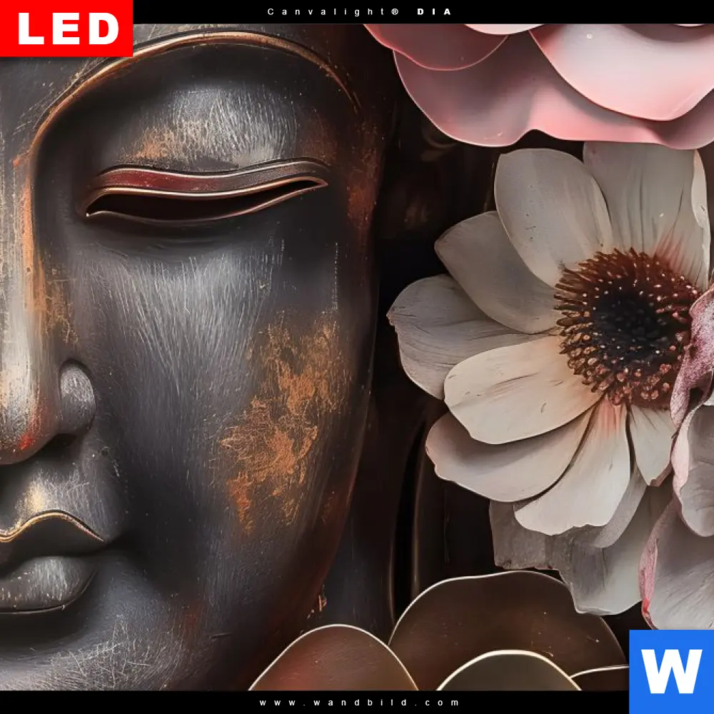 Wechselmotiv Acrylglas Canvalight® DIA | Spiritueller Buddha und Blumen | Querformat - Image 4