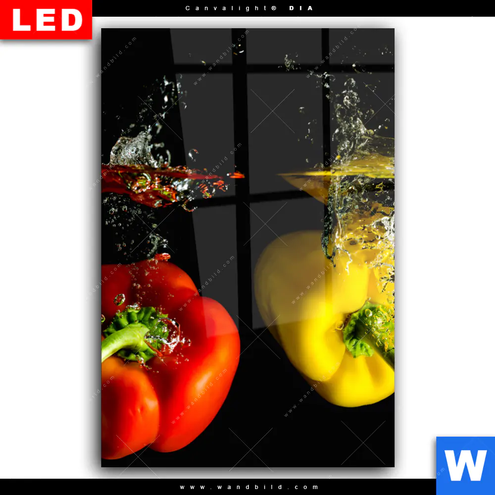 Wechselmotiv Acrylglas Canvalight® DIA | Spritzer von Paprika beim fallen ins Wasser | Hochformat - Image 2