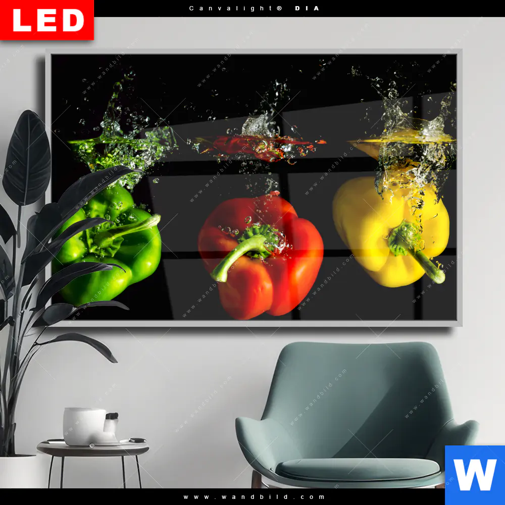 Wechselmotiv Acrylglas Canvalight® DIA | Spritzer von Paprika beim fallen ins Wasser | Querformat